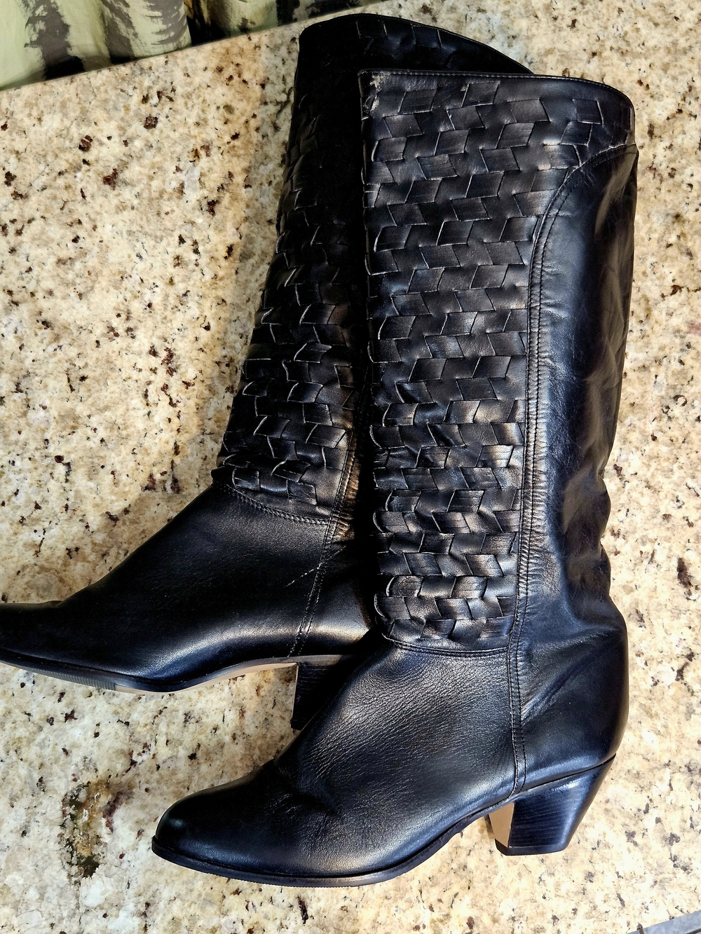 Vintage 1980s Amalfi Black Woven Leather Tall Shaft Heeled Boots Sz 10